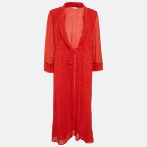 Pre Owned Ganni Red Polka Dots Chiffon Midi Wrap Dress M
