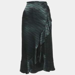 Ganni Black/Green Animal Print Satin Ruffled Midi Skirt XS