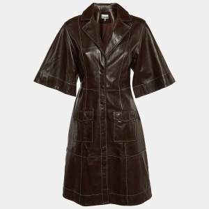 Ganni Brown Leather Midi Shirt Dress M