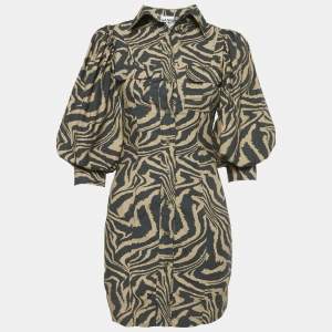 Ganni Brown Zebra Print Cotton Puff-Sleeve  Mini Shirt Dress XS