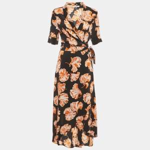 Pre Owned Ganni Black Floral Print Midi Wrap Dress M
