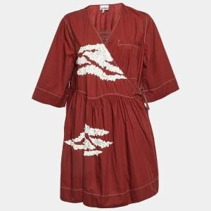 Pre Owned Ganni Brown Embellished Cotton Oversized Wrap Mini Dress L/XL