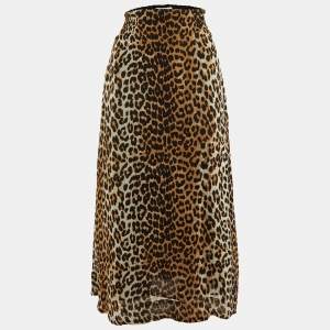 Ganni Beige Leopard Print Crepe Midi Skirt XXS