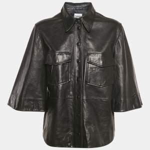Ganni Black Leather Button Front Wide Sleeve Shirt Jacket L