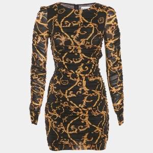 Pre Owned Ganni Black Printed Jersey Ruched Bodycon Mini Dress XS  