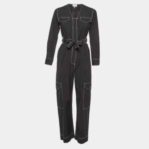 Ganni Black Cotton Blend Contrast Stitch Detail Belted Jumpsuit XS