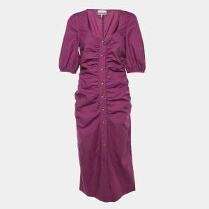 Pre Owned Ganni Purple Wine Cotton Ruched Midi Dress M
