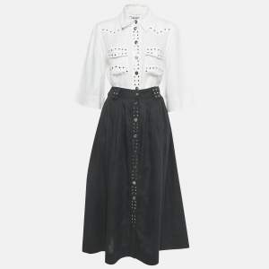 Pre Owned Ganni White /Black Linen Stud Detail Top & Skirt Set S/XS 