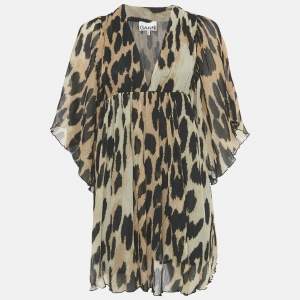 Pre Owned Ganni Brown Leopard Print Plissé Crepe de Chine Mini Dress XXS/XS