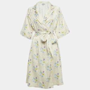 Pre Owned Ganni Cream Floral Print Satin Crinkled Wrap Dress M
