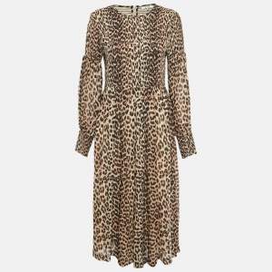 Pre Owned Ganni Brown/Black Animal Print Crepe Midi Dress L