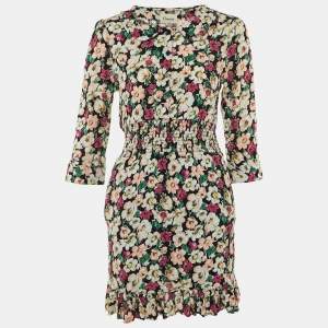 Pre Owned Ganni Black Floral Print Crepe Flounce Hem Dress L