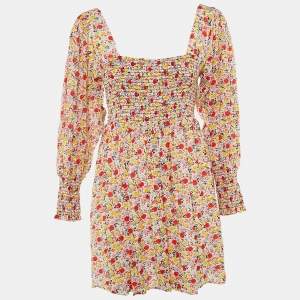 Pre Owned Ganni White Floral Print Crepe Mini Dress L