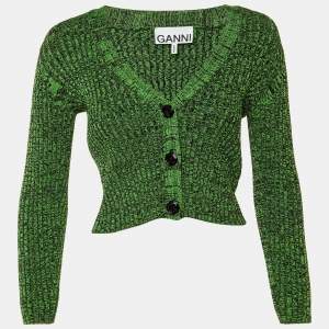 Pre Owned Ganni Green Rib Knit Button Front Cardigan XS