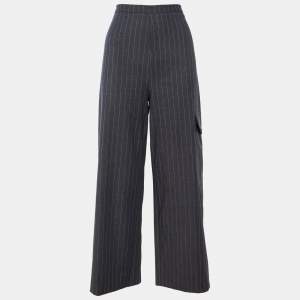 Pre Owned Ganni Grey Striped Crepe Trousers L