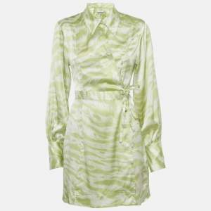 Pre Owned Ganni Green Zebra print Silk Puff Sleeve Dress XS