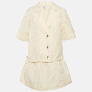 Pre Owned Ganni Cream Diagonal Stripe Crepe Frayed Mini Dress S