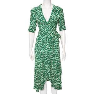 Pre Owned Ganni Green Floral Printed Crepe Dalton Wrap Dress M