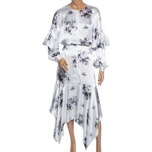 Ganni White Floral Printed Satin Cameron Blouse & Handkerchief Hem Skirt Set M