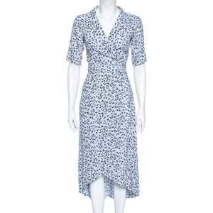 Pre Owned Ganni Blue Printed Crepe Wrap Dress S