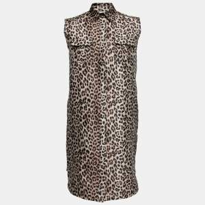 Pre Owned Ganni Beige & Black Leopard Jacquard Sleeveless Shirt Dress S 