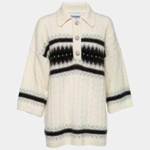 Ganni Off-White Alpaca Cable-Knit Polo Sweater Top L