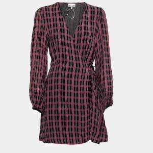 Pre Owned Ganni Black & Pink Printed Light Crepe Wrap Dress S