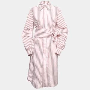 Pre Owned Ganni Red Striped Cotton Poplin Belted Shirt Dress S