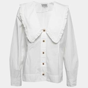 Ganni White Cotton Oversized Ruffled Collar Shirt L