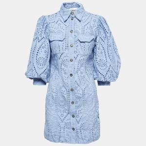 Pre Owned Ganni Blue Eyelet Cotton Ballon Sleeve Shirt Dress S