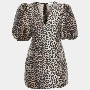 Pre Owned Ganni Brown Animal Print Jacquard Puff Sleeve Mini Dress M