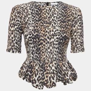 Ganni Brown Leopard Print Cotton & Silk Smocked Peplum Blouse S