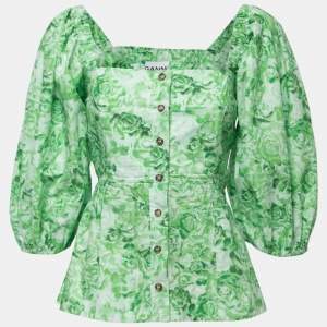 Ganni Green Floral Printed Cotton Blouse S