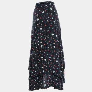 Ganni Black Print Silk Nolana Wrap On Midi Skirt L