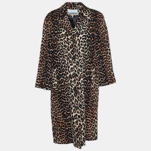 Pre Owned Ganni Brown Leopard Printed Linen & Cotton Coat M