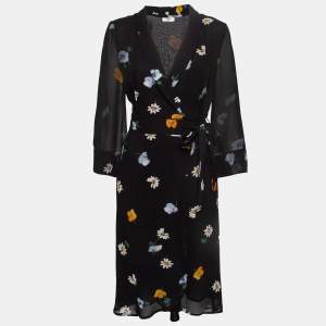 Pre Owned Ganni Black Floral Print Crepe Wrap Midi Dress XS