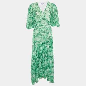 Pre Owned Ganni Green Floral Print Stretch Knit Wrap Midi Dress S