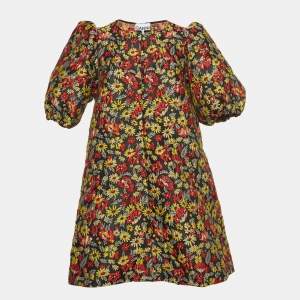 Pre Owned Ganni Multicolor Floral Jacquard Puff-Sleeve Mini Dress S