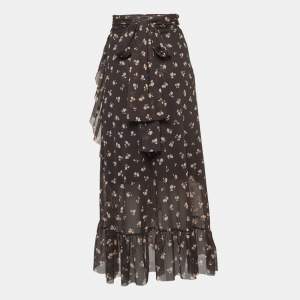 Ganni Grey Floral Print Tilden Mesh Ruffled Wrap Skirt S