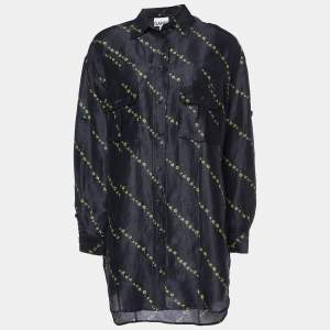 Ganni Black Floral Print Linen & Silk Button Front Shirt S