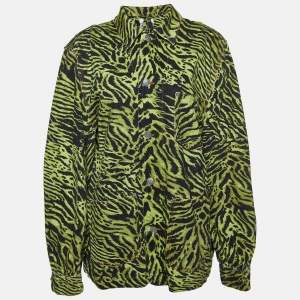 Ganni Green Tiger Print Denim Buttoned Shirt Jacket L