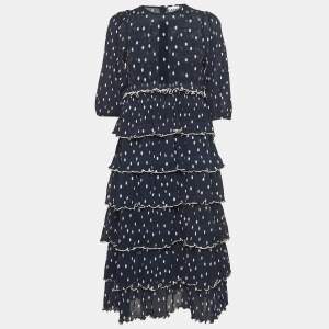 Pre Owned Ganni Navy Blue Polka Dot Pleated Crepe Tiered Midi Dress M