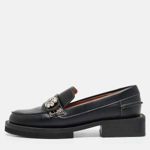Pre Owned Ganni Black Leather Crystal Embellished Slip On Loafers Size 35