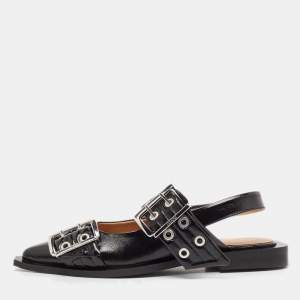 Ganni Black Leather Buckle  Slingback Flats Size 37