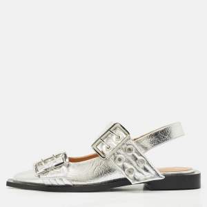 Ganni Silver Leather Buckle Slingback Flats Size 37