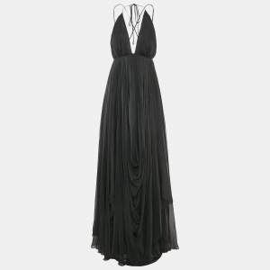 Gauri & Nanika Black Chiffon Draped Maxi Dress M