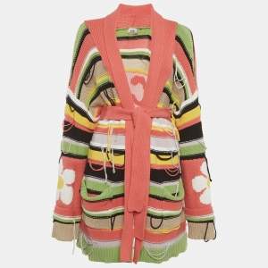 Pre Owned GCDS Green/Pink Fringed Rib Knit Cardigan M