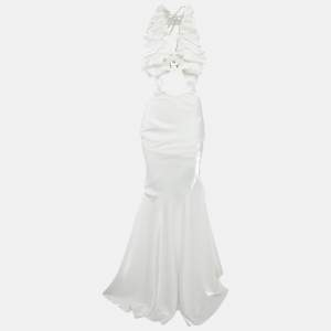 مملوكة مسبقًا Genny White Satin Ruched Orchid Detail Long Dress S