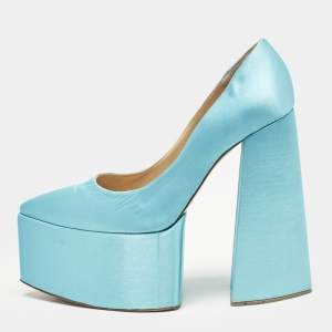 Georges Hobeika Blue Satin Platform Block Heel Pumps Size 39.5