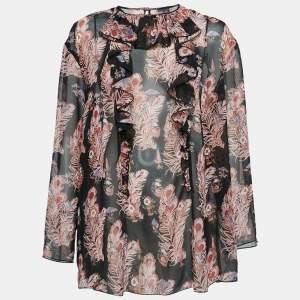 Giamba Black Feather-Floral Print Chiffon Ruffled Blouse L